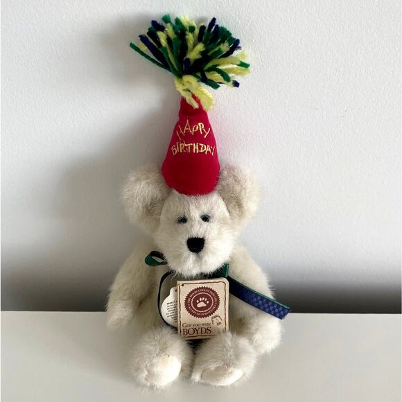 Boyds Collection 2001 Happy Birthday Bear Plush Off White w/Red Party Hat - Picture 2 of 9